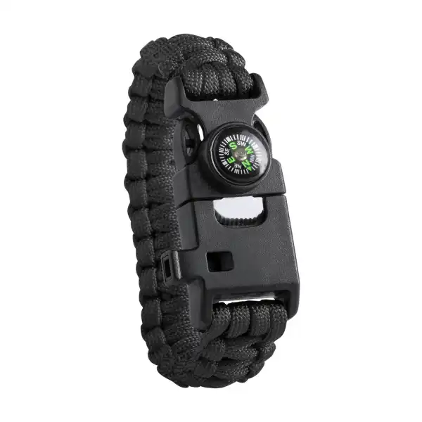 Bransoletka survivalowa — paracord, kompas, gwizdek i krzesiwo