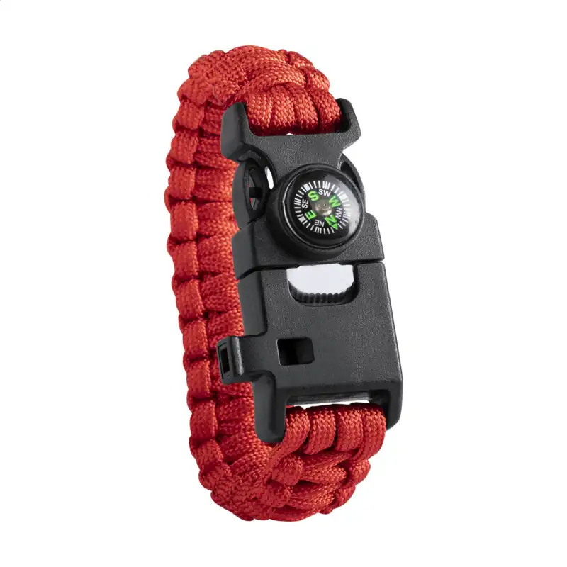 Bransoletka survivalowa paracord z logo — czerwony i czarny