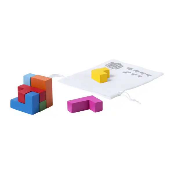 Drewniane puzzle w kształcie kostki w woreczku