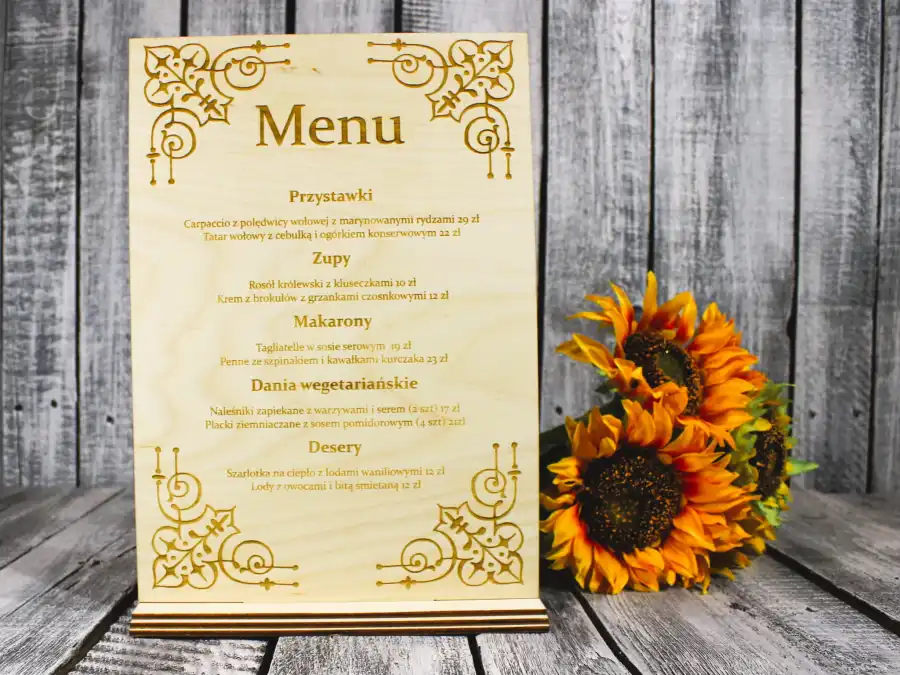 Karta menu drewniana z nadrukiem UV — format A5, sklejka
