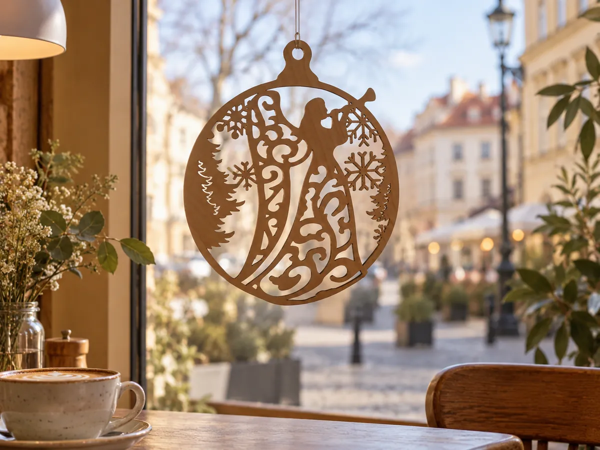 Okrągła ażurowa zawieszka ze sklejki z motywem anioła, wycięta laserem, wisi na sznurku w oknie kawiarni