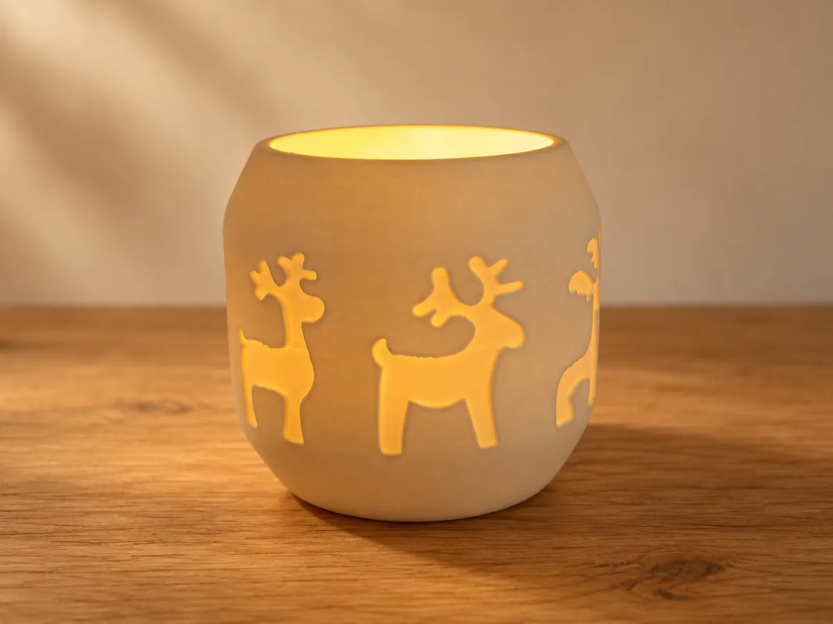 Biały porcelanowy lampion na tealight z prześwitującymi sylwetkami reniferów w ściance, na drewnianym blacie