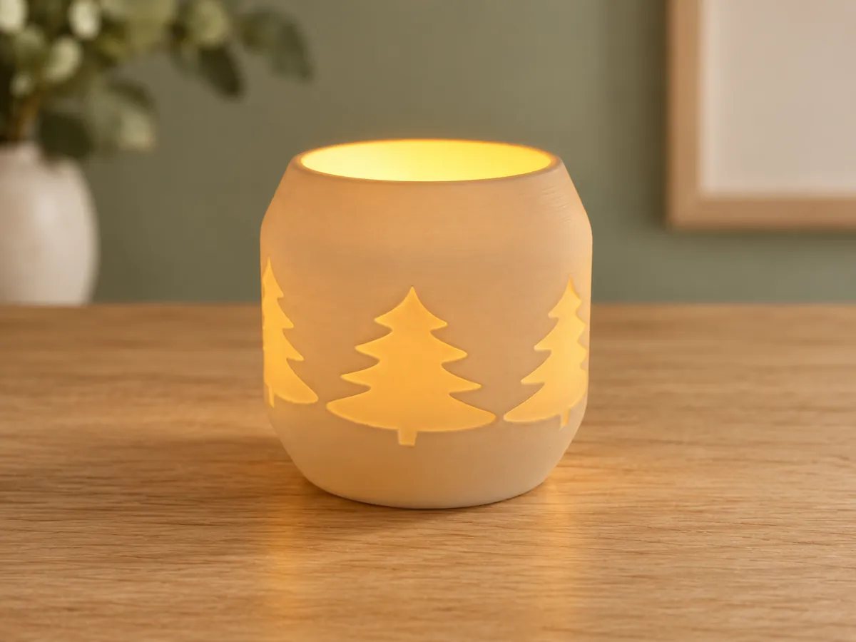 Biały porcelanowy lampion na tealight z prześwitującymi sylwetkami choinek w ściance, na dębowym blacie przy szałwiowej ścianie
