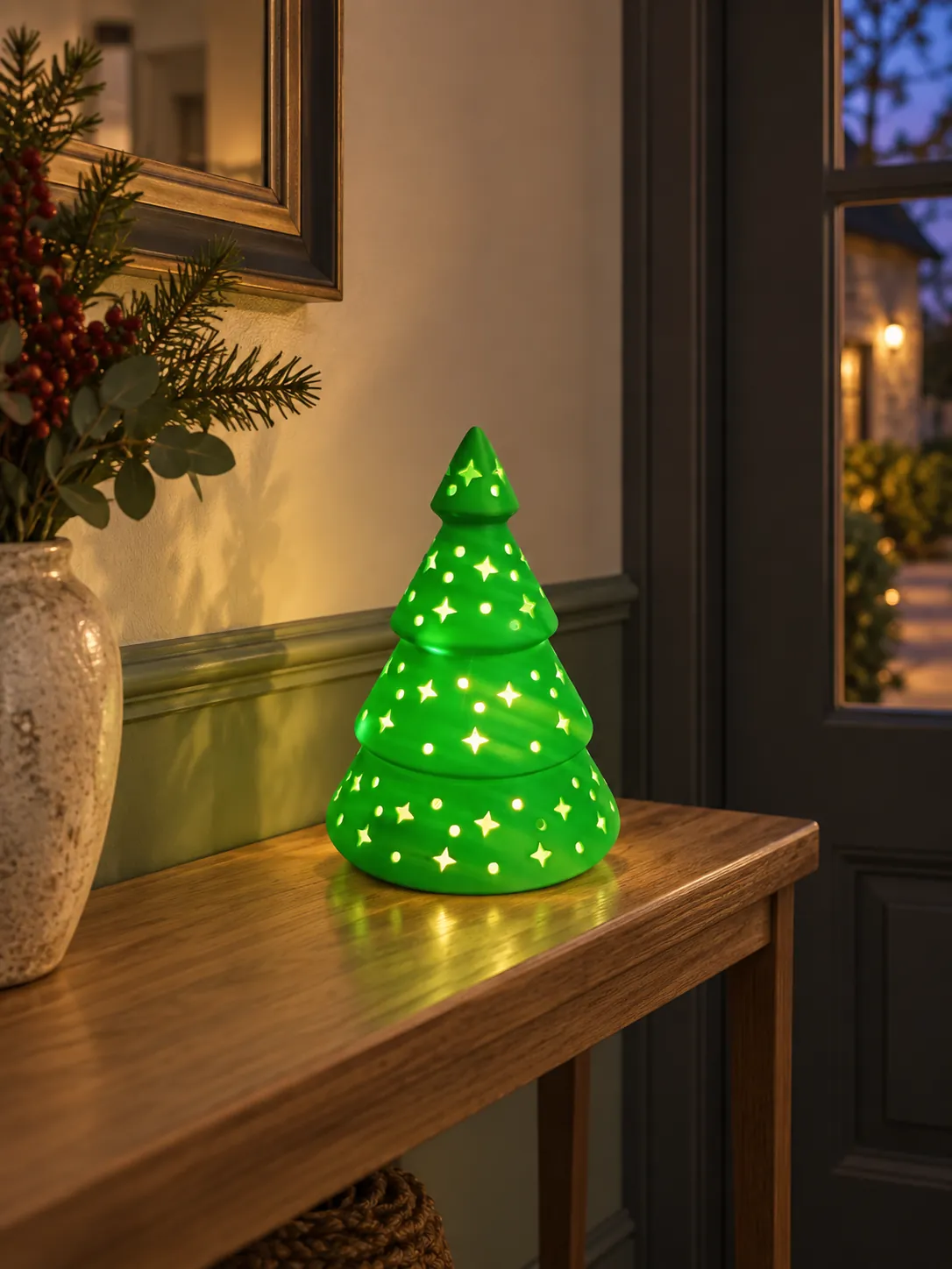 Zielona ceramiczna lampka w kształcie choinki, z wyciętymi gwiazdkami i kropkami, świeci na konsoli w przedpokoju