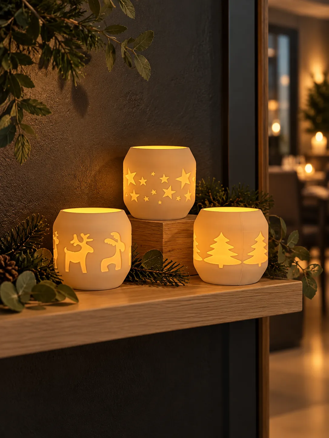 Trzy białe porcelanowe lampiony na tealight z prześwitującymi gwiazdkami, reniferami i choinkami, na półce przy ciemnej ścianie