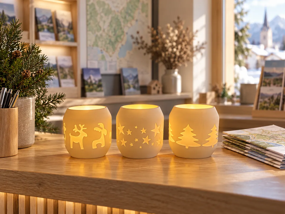 Trzy białe porcelanowe lampiony na tealight z prześwitującymi reniferami, gwiazdkami i choinkami na ladzie informacji turystycznej