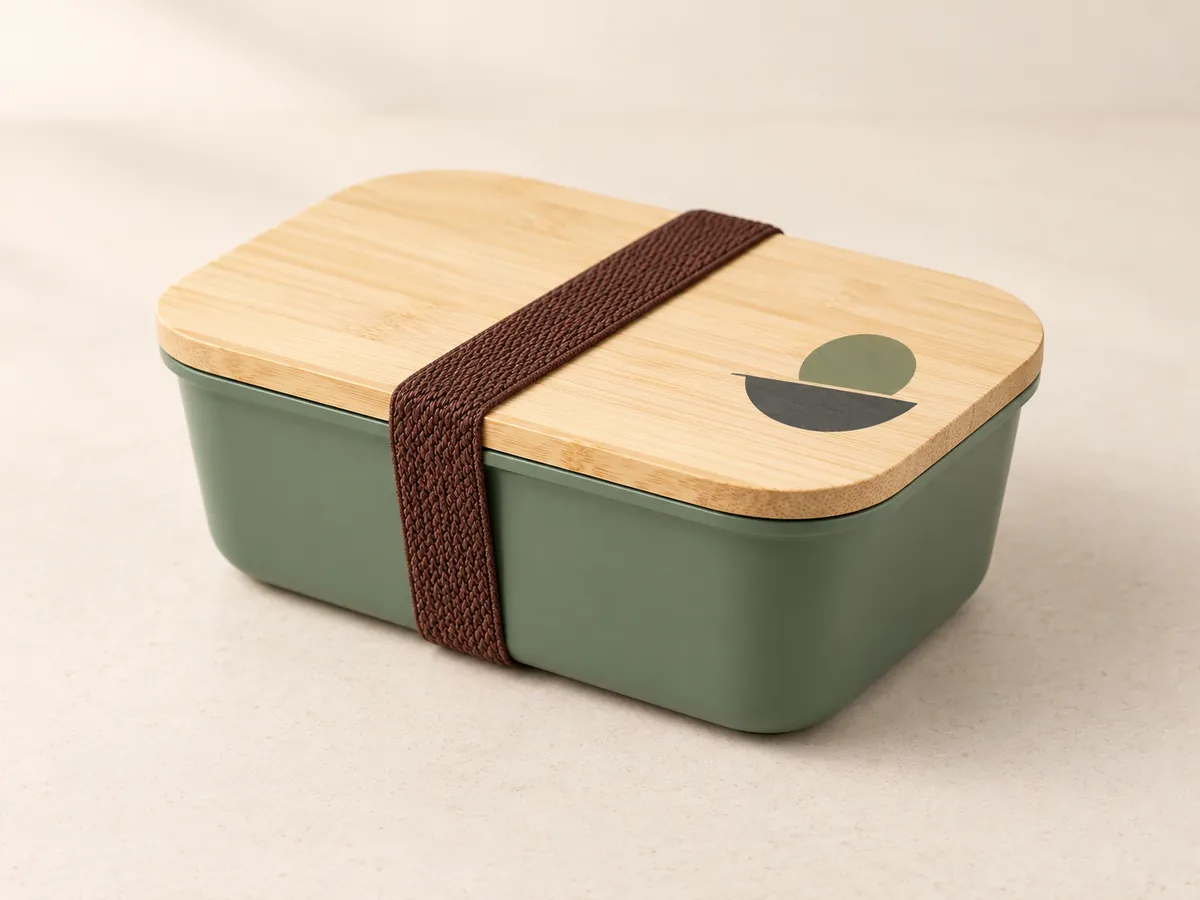 Lunchbox z bambusową pokrywą i zieloną obudową, spięty gumką, na pokrywie dwukolorowy nadruk z kołem i półkolem.