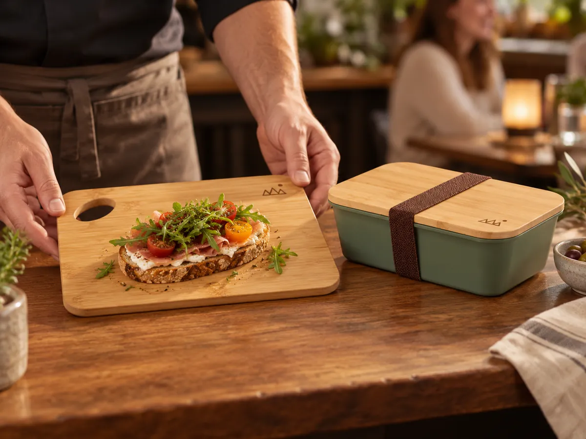 Bambusowa deska z kanapką i laserowym grawerem gór, stawiana na drewnianym blacie; obok lunchbox z bambusową pokrywą.