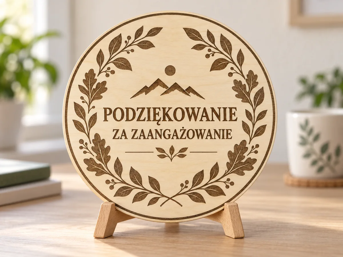 Okrągła tabliczka ze sklejki z grawerowanym wieńcem z liści i podziękowaniem, na drewnianym stojaku na biurku