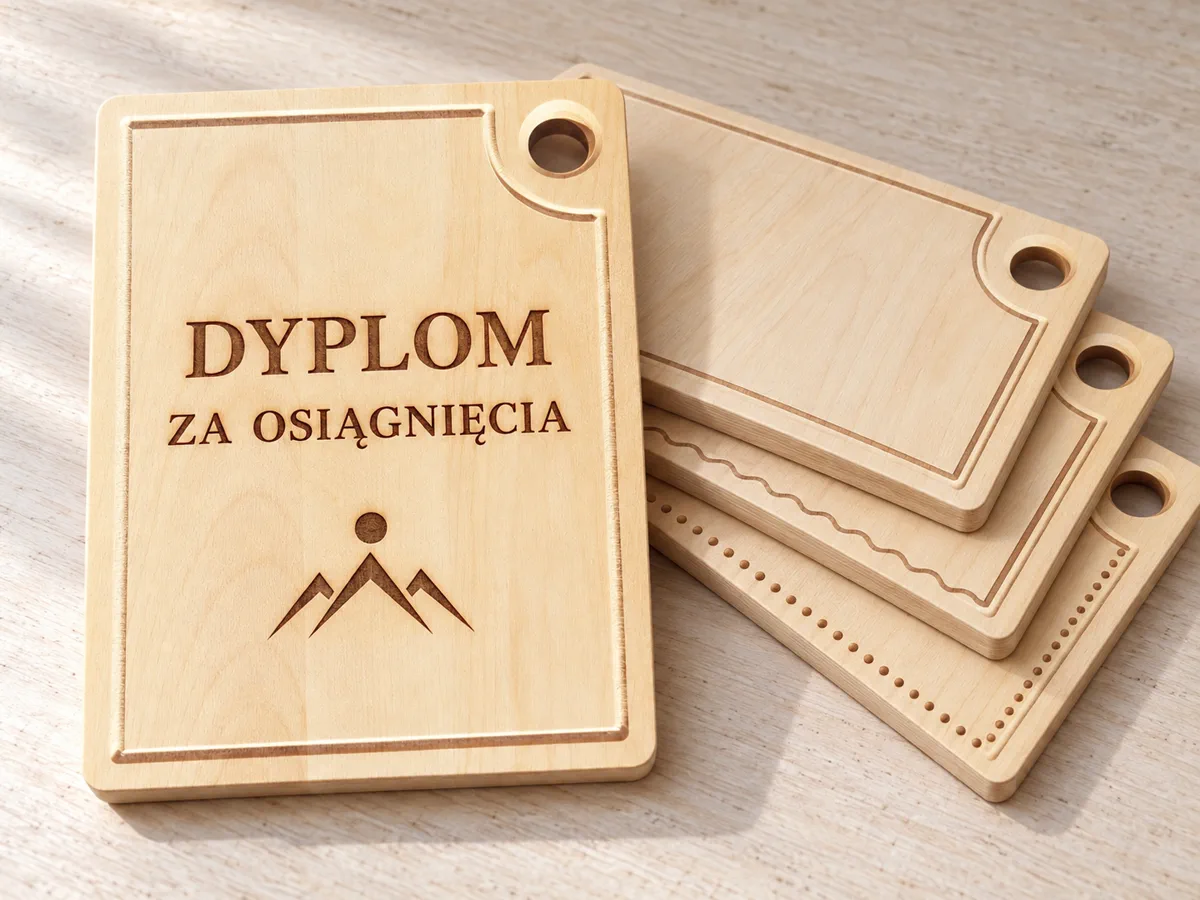 Cztery drewniane tabliczki dyplomowe z otworem do zawieszenia, ułożone wachlarzowo na blacie; wierzchnia z grawerem laserowym
