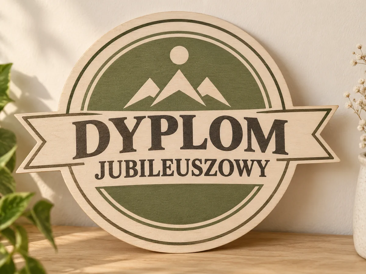 Tabliczka ze sklejki wycięta w kształcie odznaki ze wstęgą, z dwukolorowym nadrukiem: oliwkowe tło i ciemny napis