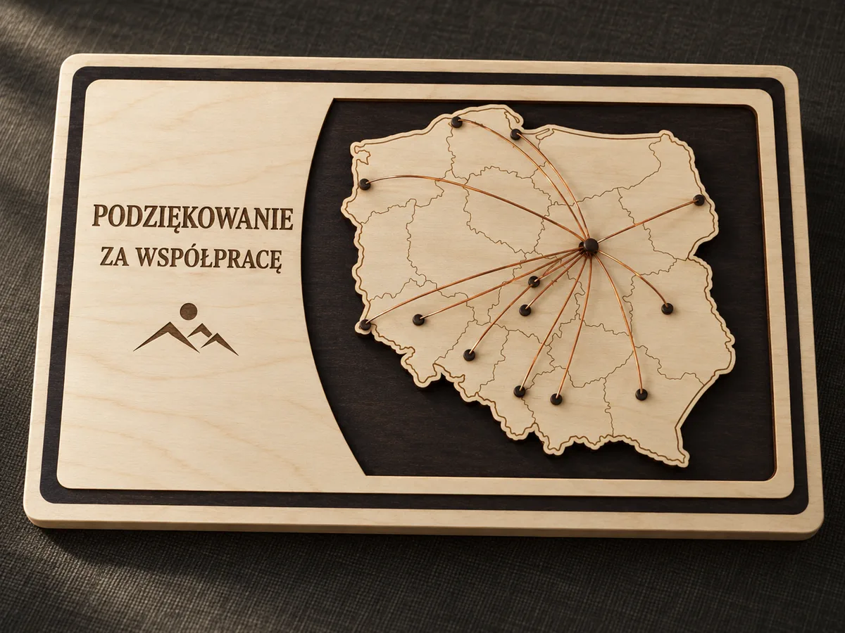 Dwuwarstwowa tablica ze sklejki z wyciętą mapą Polski, miedzianymi nićmi na ćwiekach i grawerowanym podziękowaniem