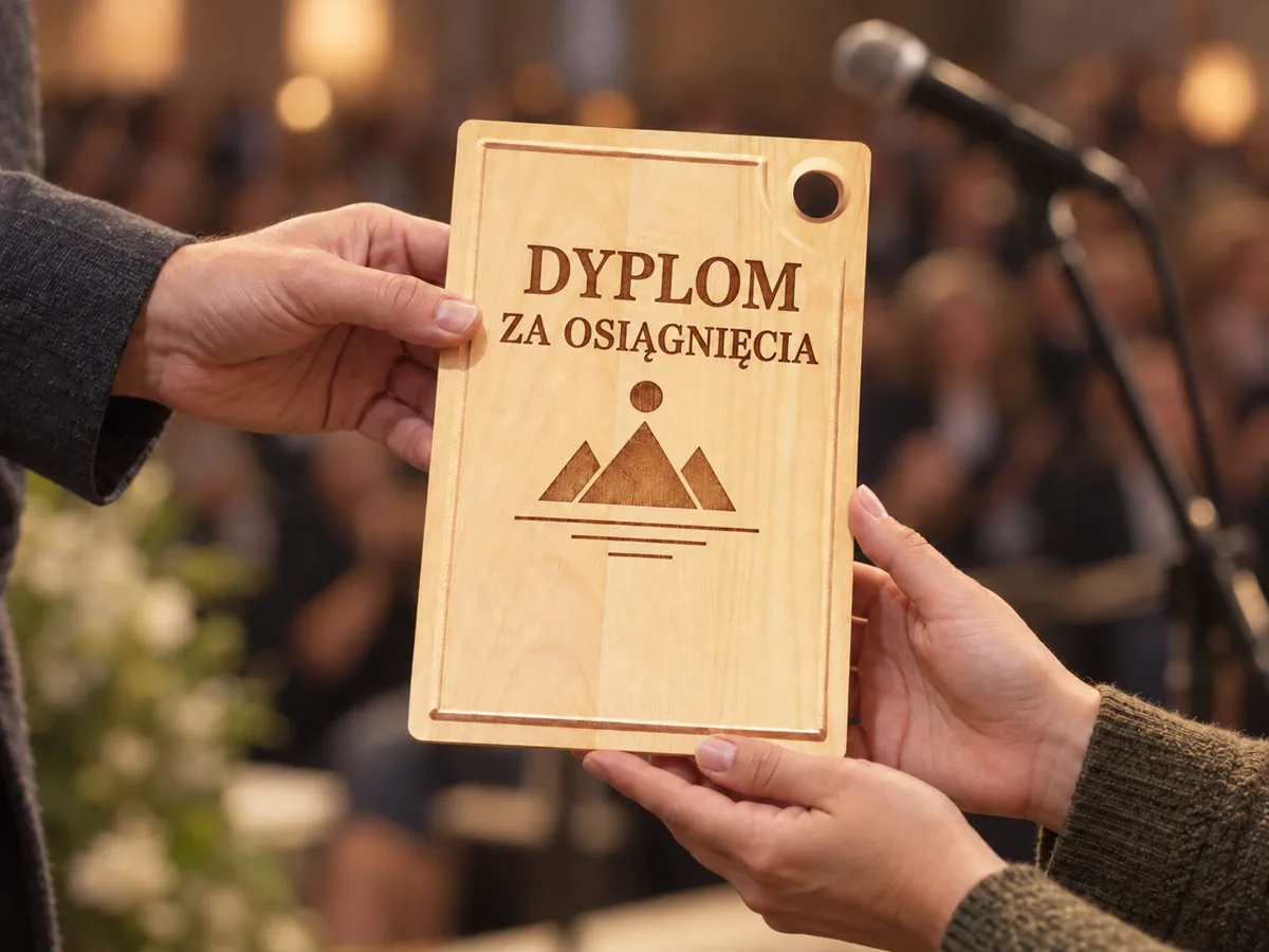 Drewniana tabliczka dyplomowa z grawerem laserowym w dłoniach dwóch osób, w tle rozmyta sala z publicznością