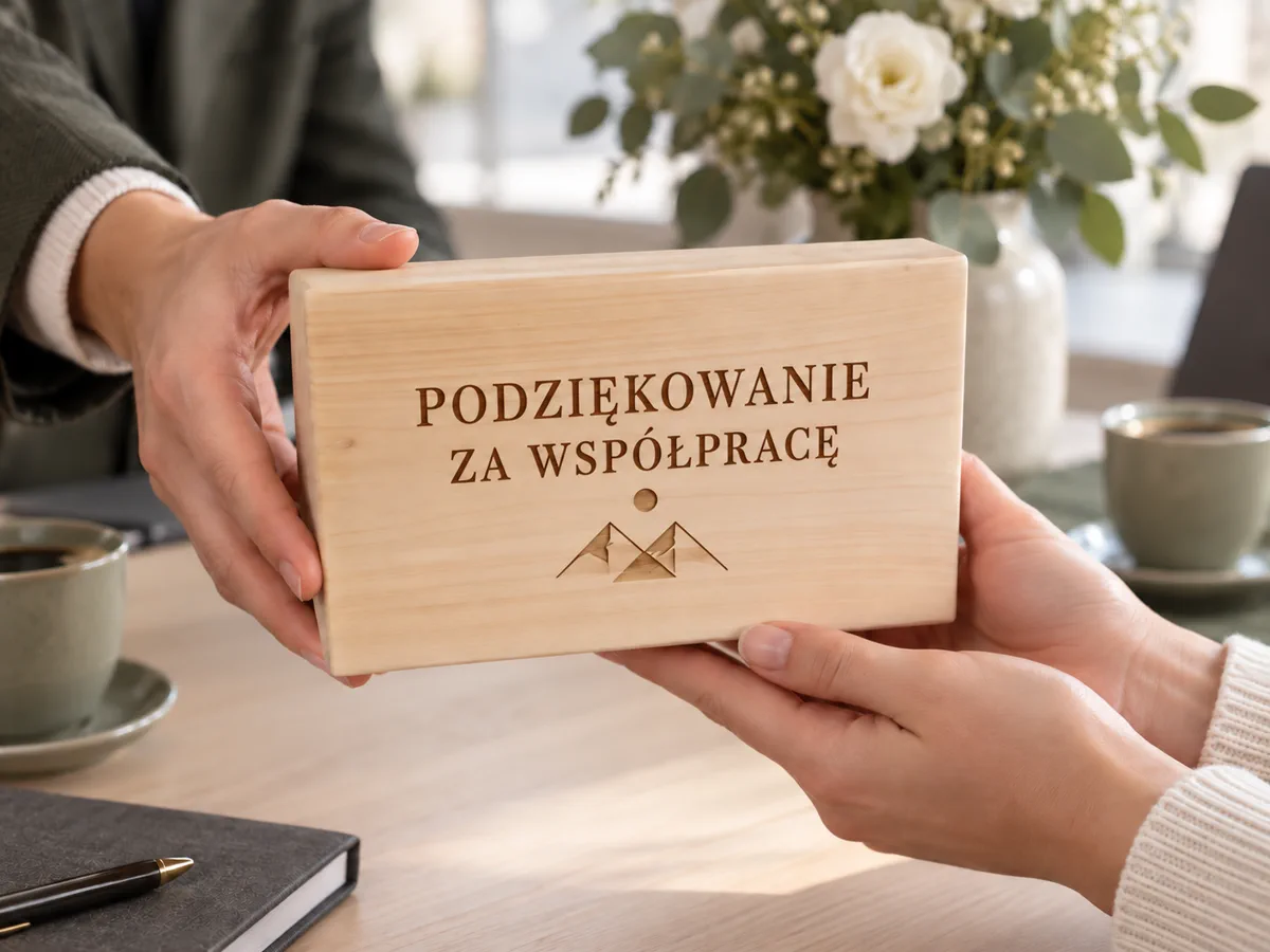 Zamknięte drewniane pudełko z grawerowanym podziękowaniem na wieku, przekazywane w dłoniach nad stołem