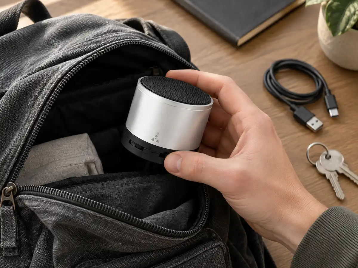 Aluminiowy głośnik przenośny w dłoni nad kieszenią plecaka, ze znakowaniem laserowym na boku; obok klucze i kabel USB.