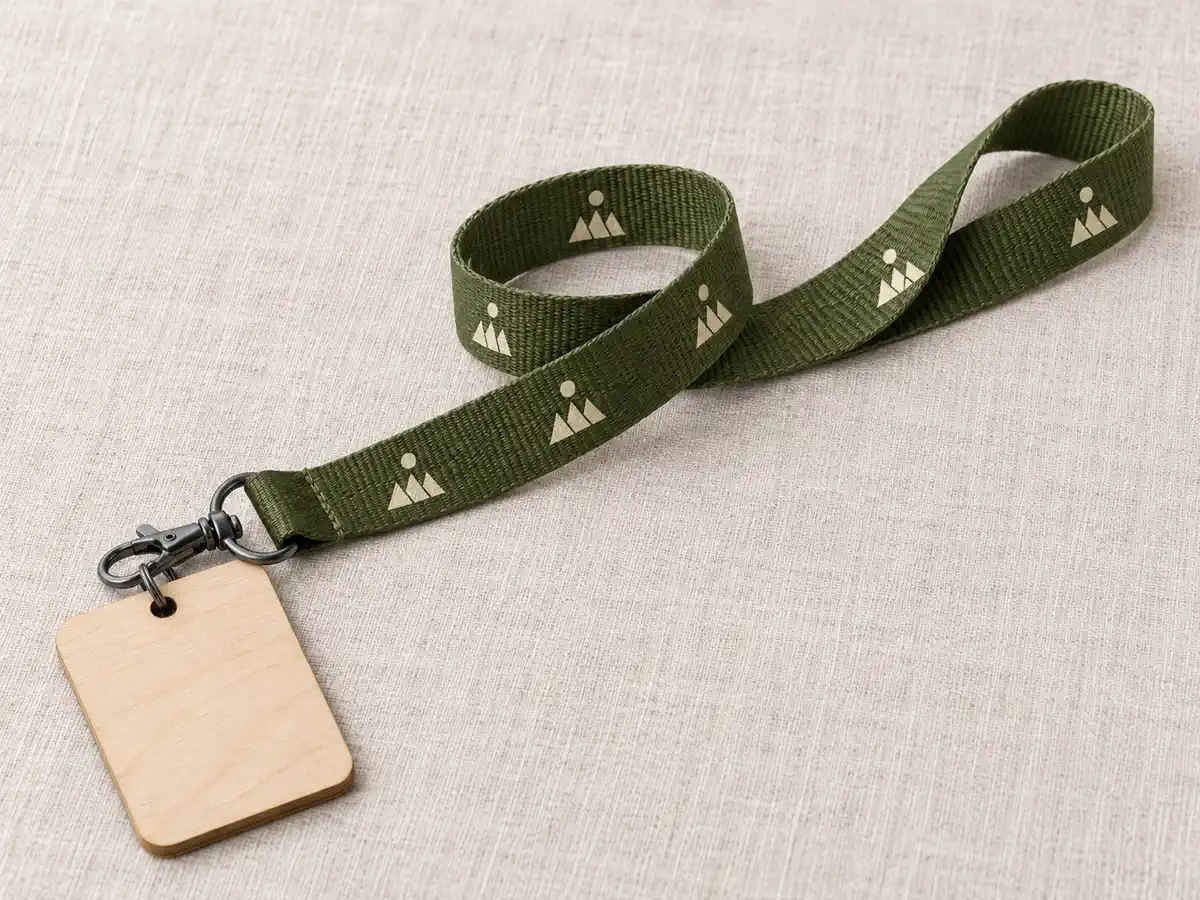 Zielona smycz z powtarzalnym nadrukiem logo, karabińczyk i zawieszka ze sklejki bez znakowania, na lnie