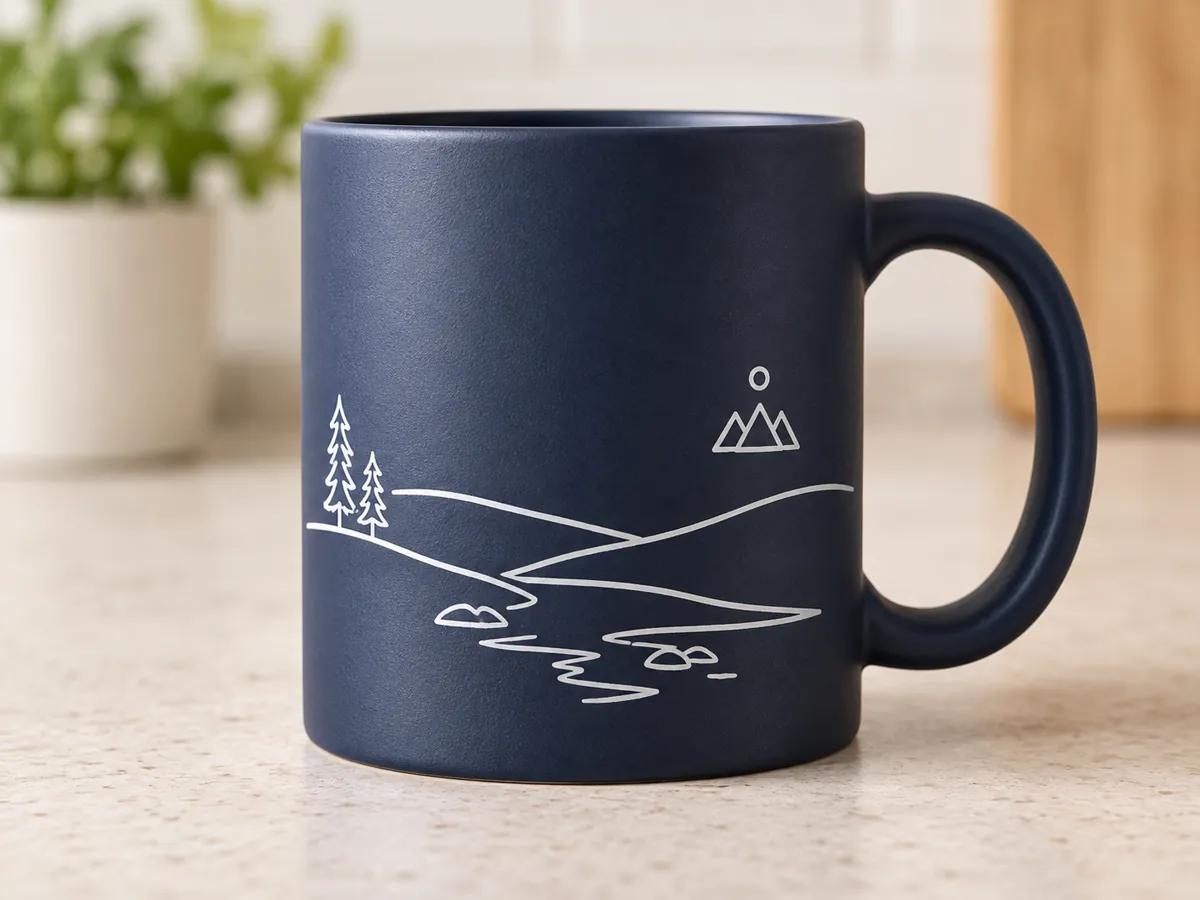 Granatowy matowy kubek ceramiczny z jasnym jednokolorowym nadrukiem: rysunek liniowy lasu, wzgórz i wody.
