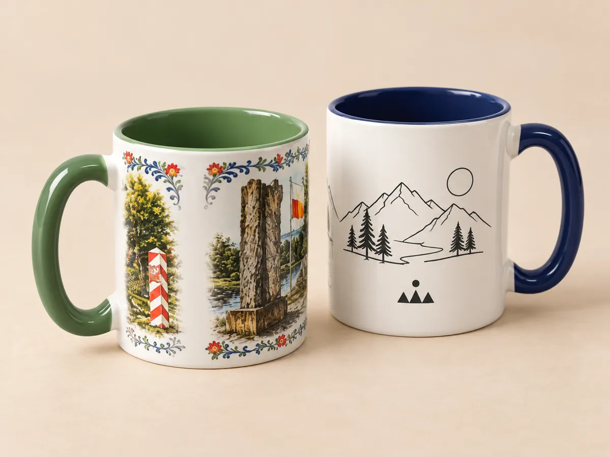 Dwa kubki ceramiczne z barwionym uchem i wnętrzem: zielony z nadrukiem ludowym, granatowy z rysunkiem liniowym.