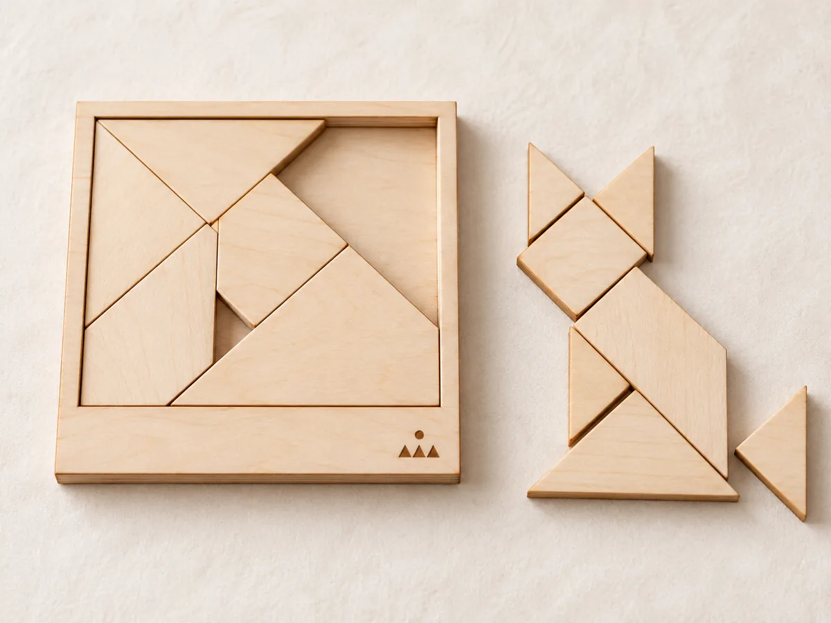 Tangram ze sklejki w ramce ułożony w pełny kwadrat, obok drugi komplet w sylwetce zwierzęcia, w rogu ramki grawer laserowy.