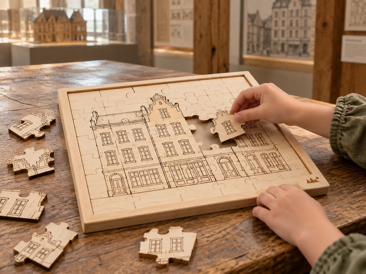 Puzzle ze sklejki w ramce z laserowo wygrawerowaną pierzeją kamienic, dłonie wkładają element, kilka sztuk obok.