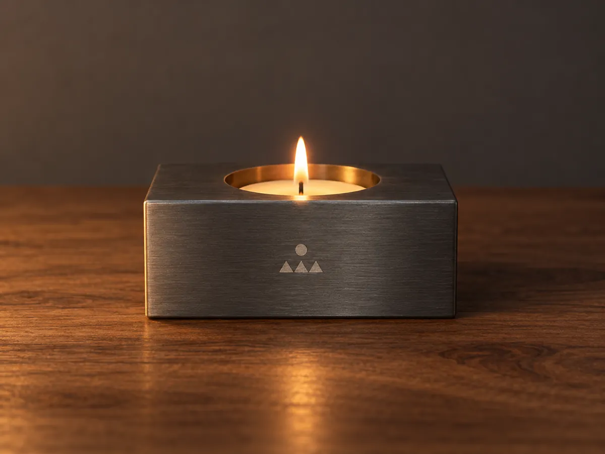 Świecznik blokowy z metalu na jeden tealight, ze znakiem naniesionym laserem na ściance, z zapaloną świecą, ciemne tło.