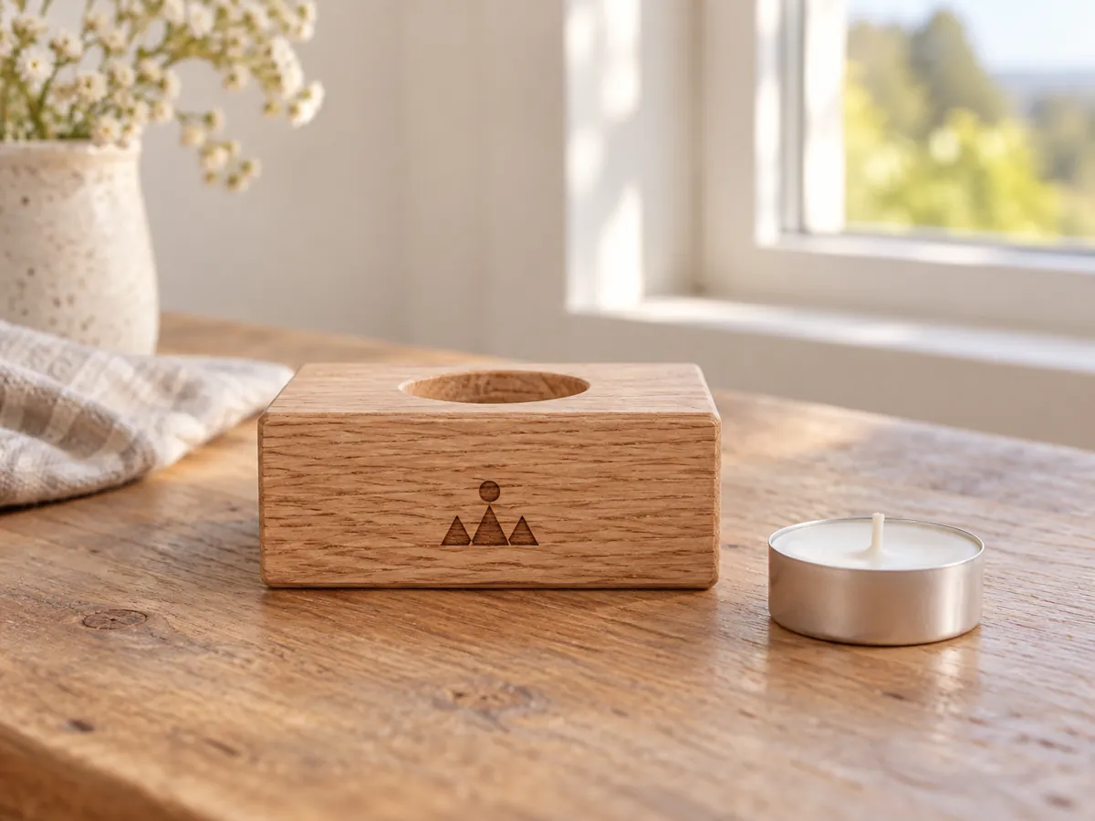 Świecznik z litego drewna na jeden tealight, ze znakiem grawerowanym laserowo na ściance; obok leży wkład świecy.