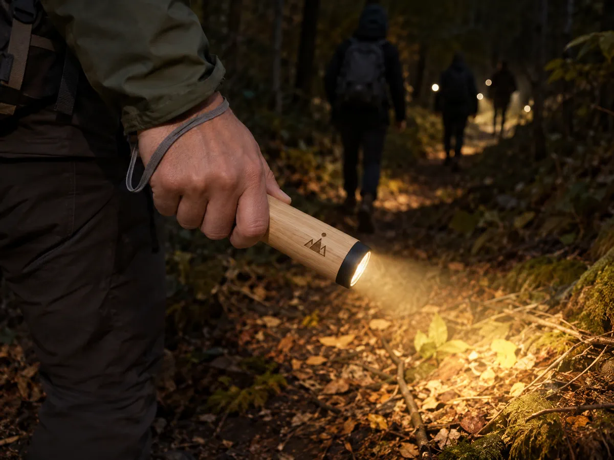 Zapalona bambusowa latarka z grawerem laserowym w dłoni, snop światła na leśnej ścieżce, w tle rozmyci wędrowcy.