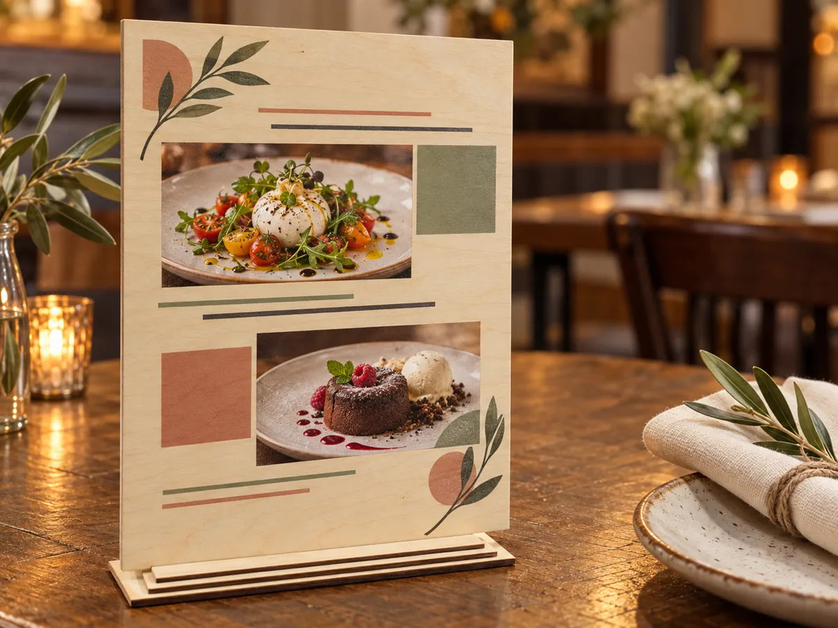 Tablica menu ze sklejki w podstawce, nadruk pełnokolorowy ze zdjęciami dwóch dań, na stole w restauracji