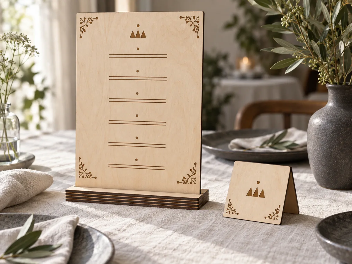 Tablica menu ze sklejki w podstawce i mała karta namiotowa obok, grawer laserowy ornamentów w narożach i logo z gór