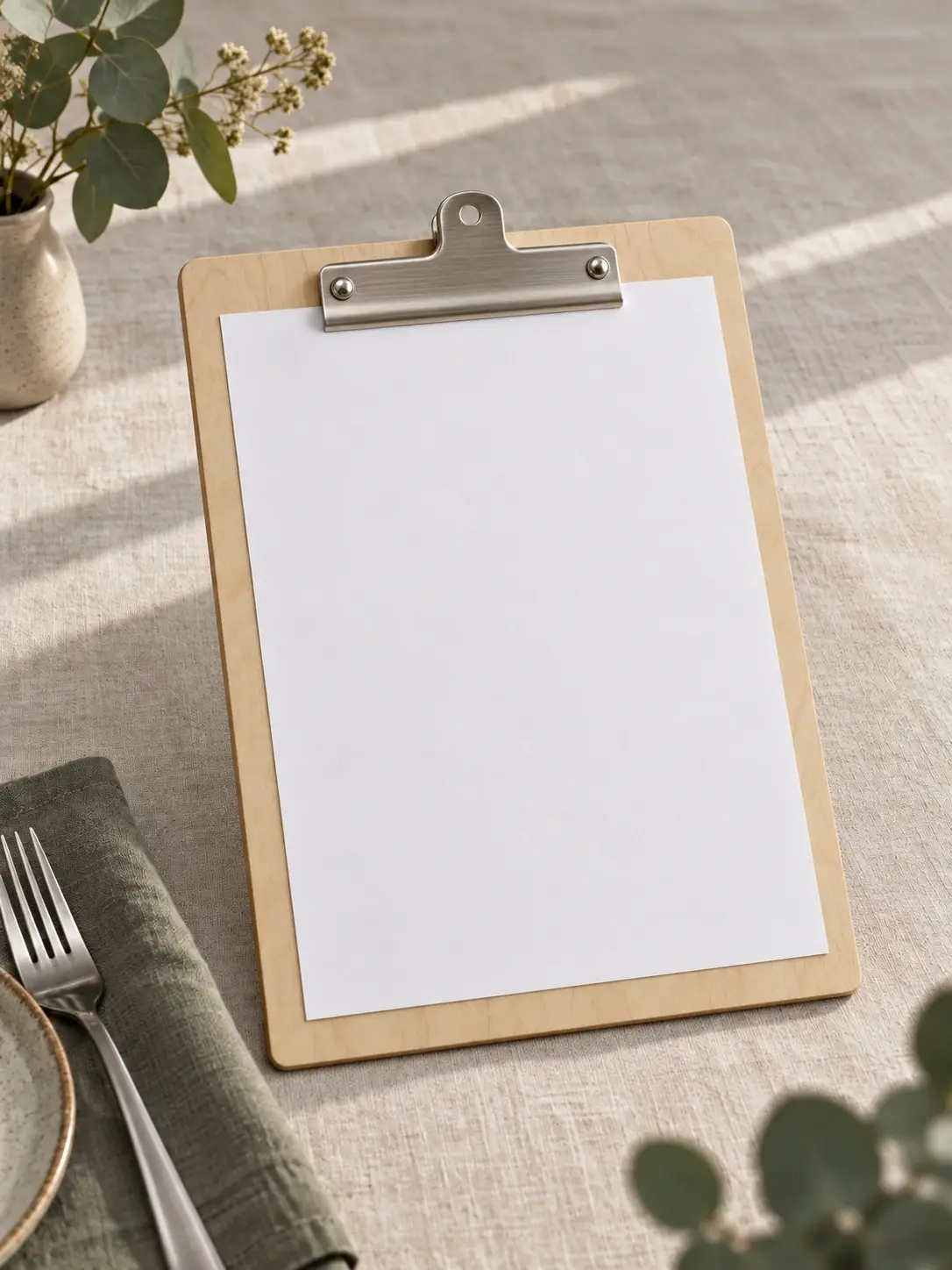 Clipboard ze sklejki ze stalowym klipsem i pustą kartą, oparty na lnianym obrusie przy sztućcach i serwetce