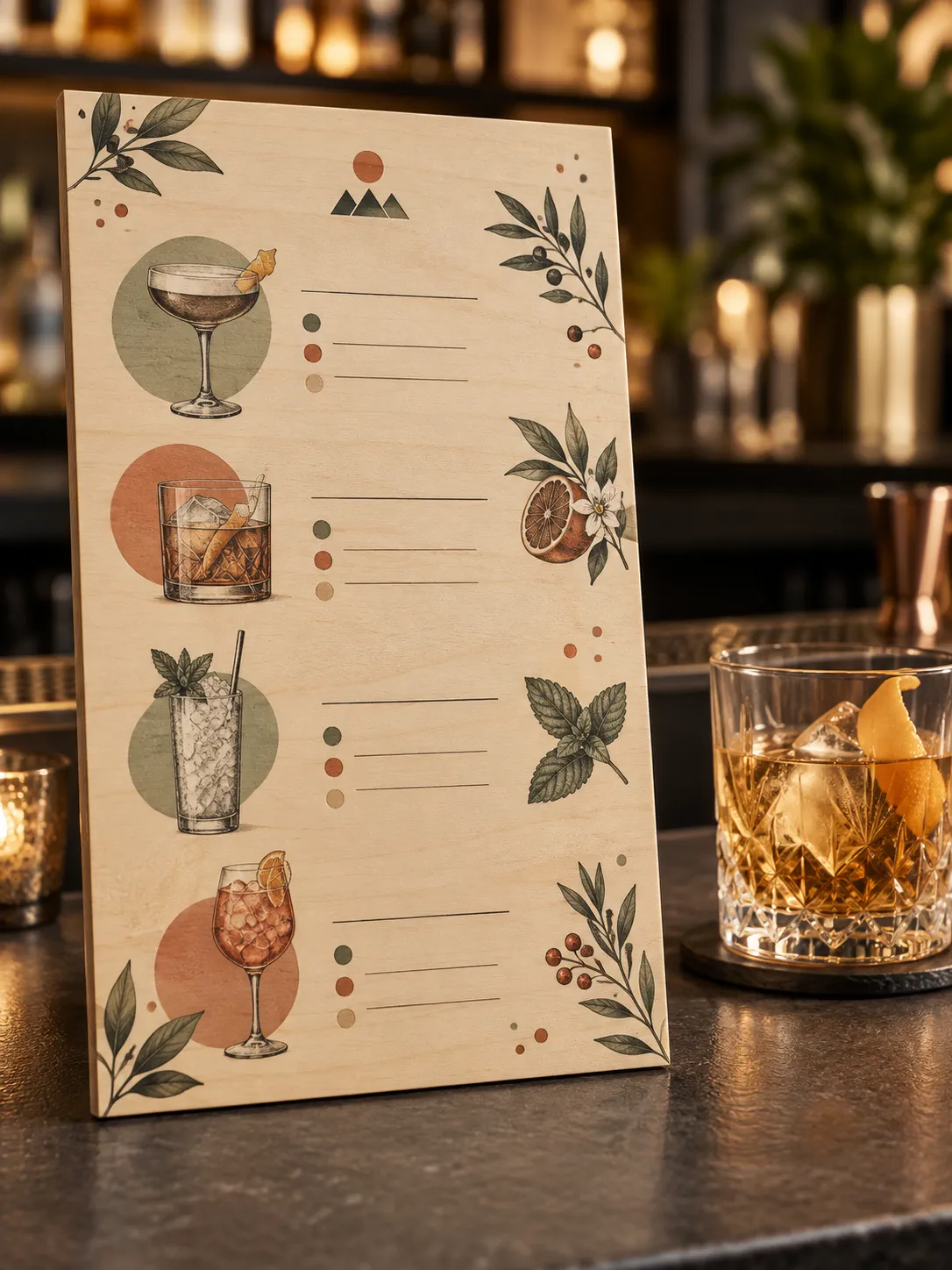 Tablica menu barowego ze sklejki z nadrukiem pełnokolorowym koktajli, na blacie baru, słoje widoczne pod farbą