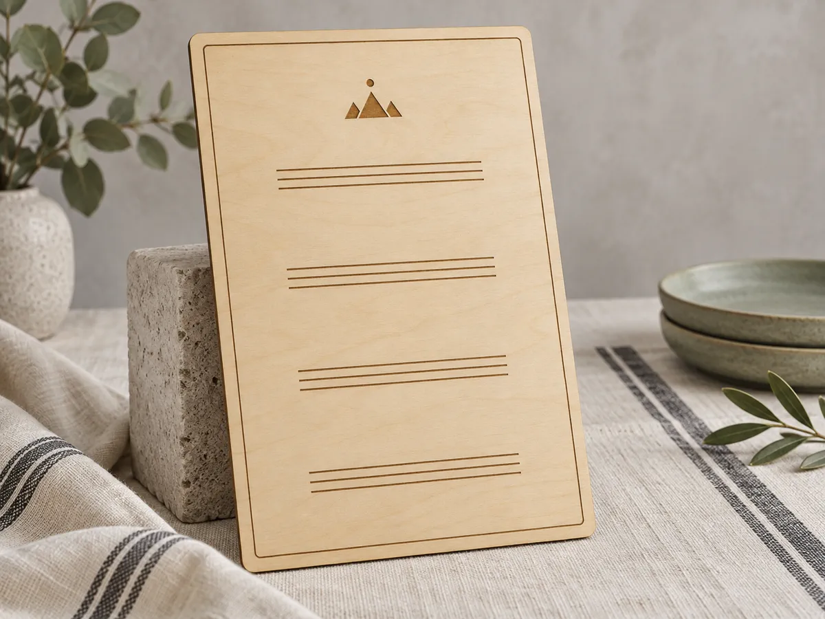 Tablica menu ze sklejki oparta o kamienny blok, grawer laserowy: ramka, logo z gór i linie na pozycje
