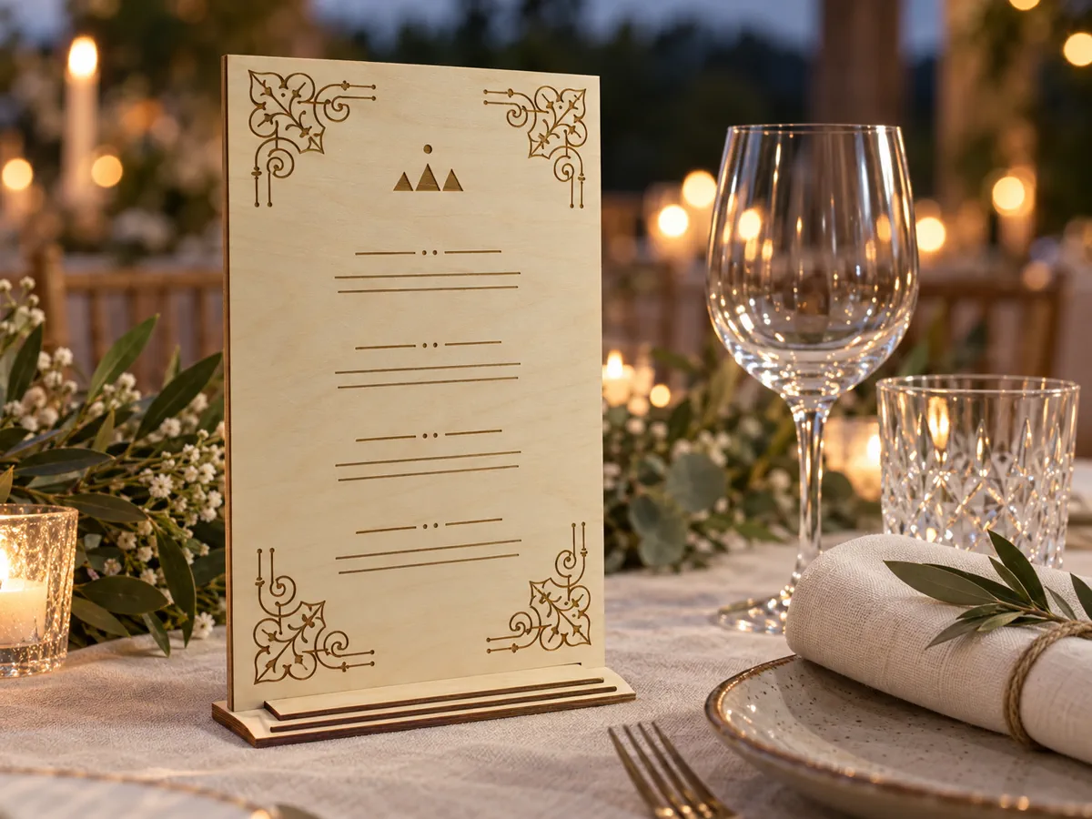 Tablica menu ze sklejki na własnej podstawce, na weselnym stole o zmierzchu, grawer laserowy ornamentów i logo