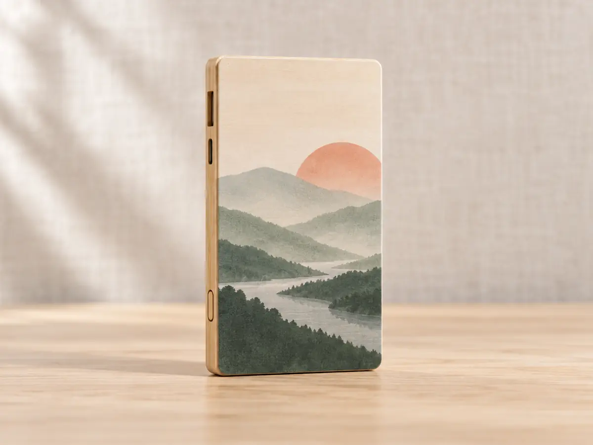 Powerbank w jasnej drewnianej ramce z pełnokolorowym nadrukiem pejzażu na całej ściance, stojący pionowo na blacie.