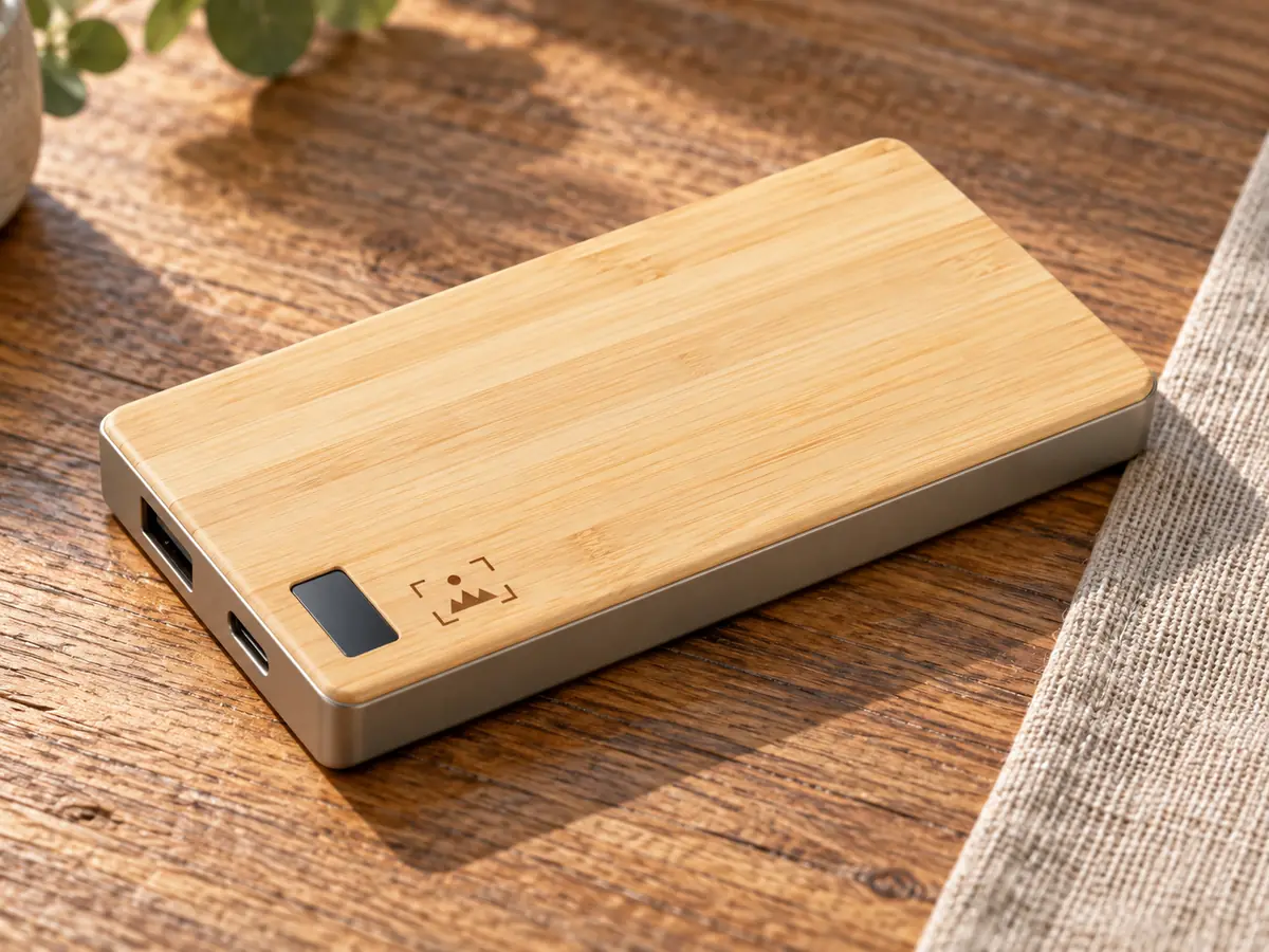 Powerbank z bambusowym wierzchem i wyświetlaczem, obok grawer laserowy, leżący ukośnie na ciemnym drewnianym blacie.
