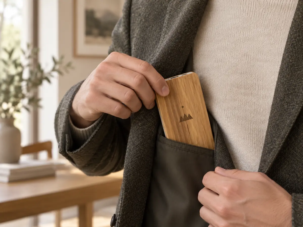 Powerbank z drewnianym wierzchem i grawerem laserowym wsuwany do wewnętrznej kieszeni wełnianej marynarki.