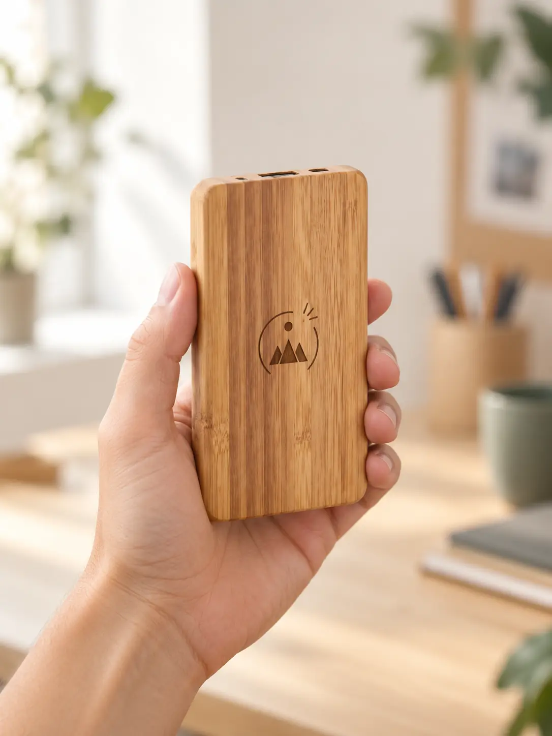 Powerbank z bambusową obudową trzymany pionowo w dłoni, na wierzchu grawer laserowy, na górnej krawędzi trzy gniazda.