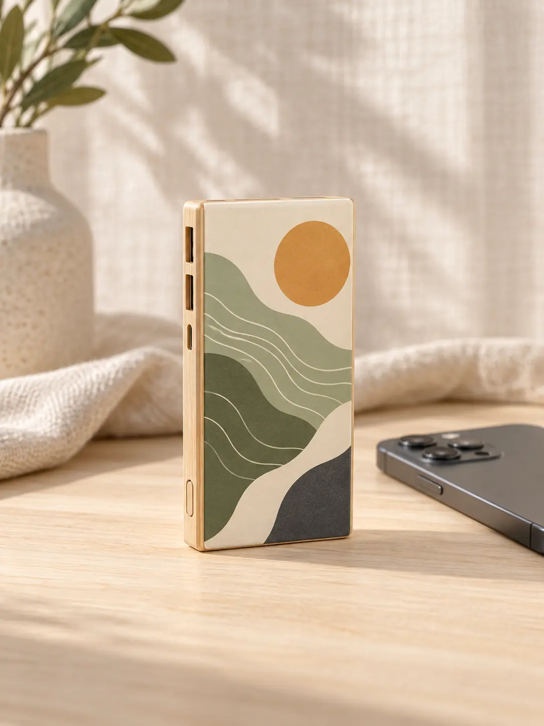 Powerbank w jasnej drewnianej ramce z pełnokolorowym nadrukiem pejzażu, stojący pionowo na blacie obok rogu telefonu.