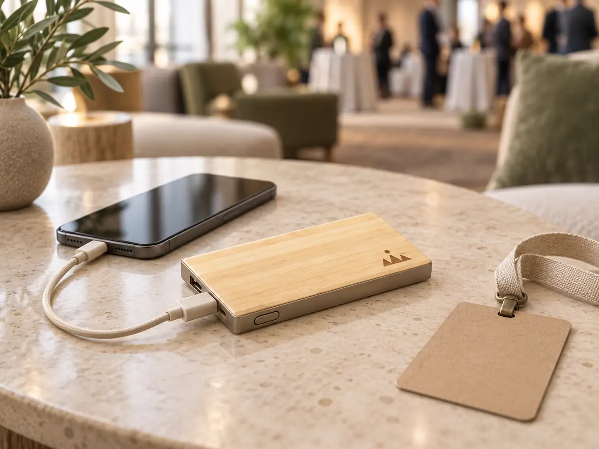 Powerbank z bambusowym wierzchem i grawerem laserowym ładuje telefon na stoliku, obok identyfikator na tasiemce.