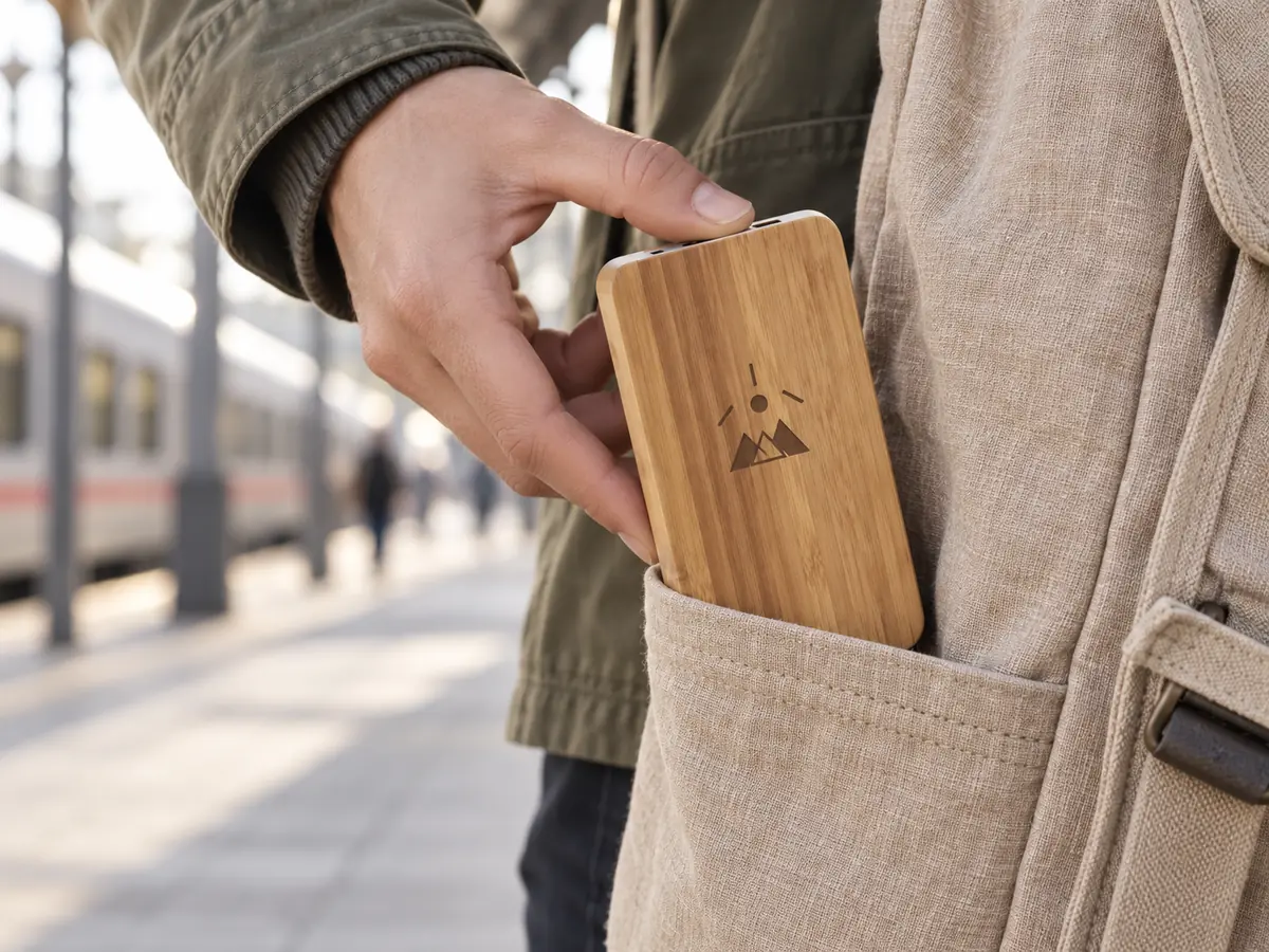 Powerbank z bambusowym wierzchem i grawerem laserowym wyjmowany z bocznej kieszeni lnianej torby na peronie.