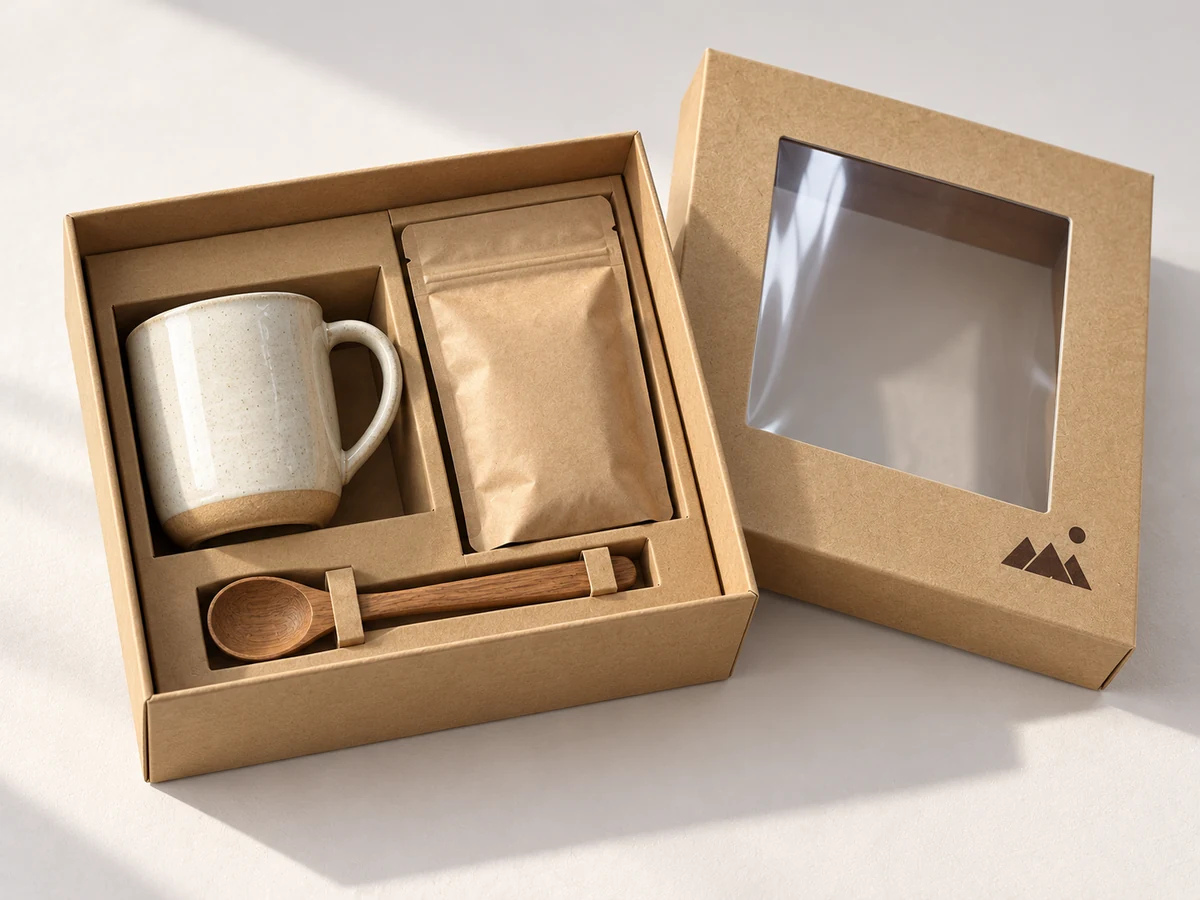 Otwarte pudełko z tektury kraft z kubkiem ceramicznym, torebką kraft i drewnianą łyżeczką, obok wieczko z okienkiem i nadrukiem logo