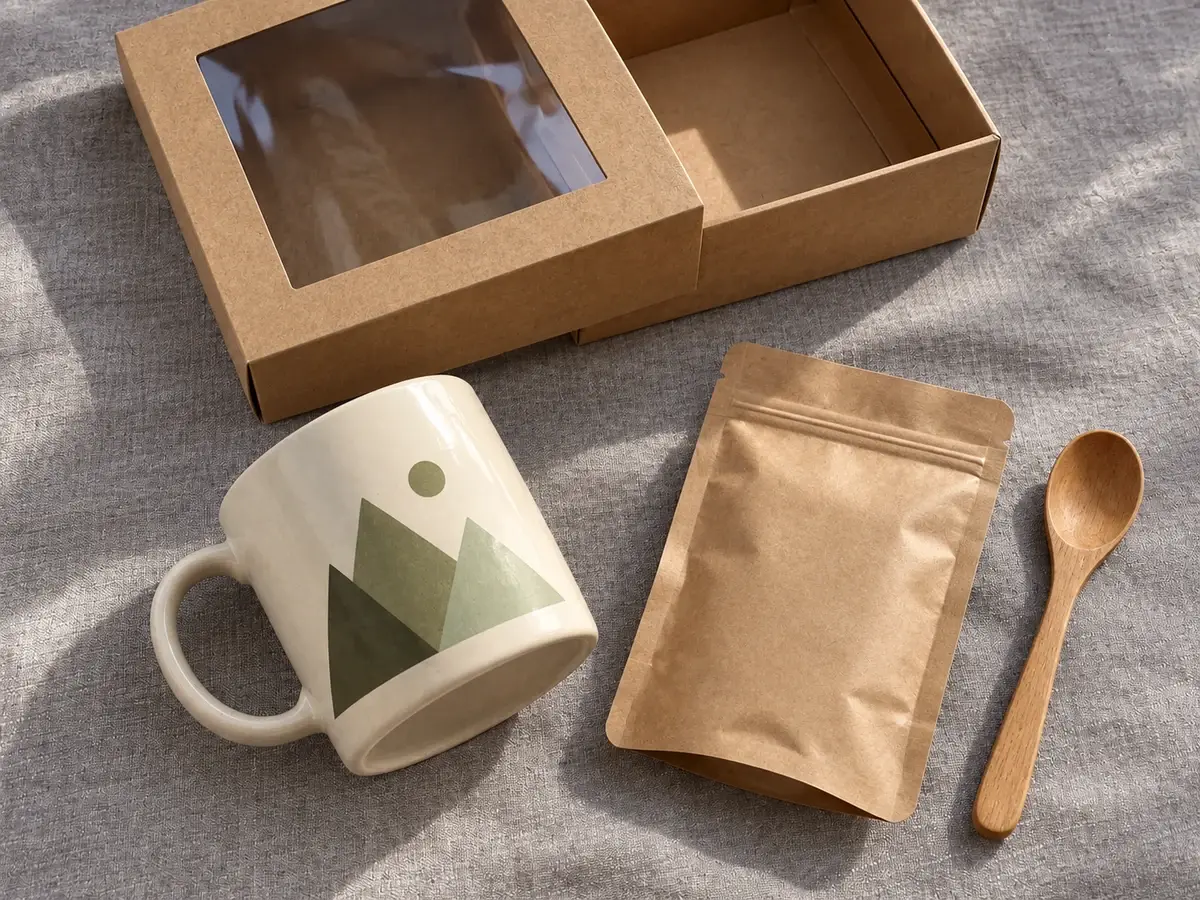 Kubek ceramiczny z wielobarwnym nadrukiem logo, torebka z papieru kraft i drewniana łyżeczka na lnie, w tle rozłożone pudełko kraft
