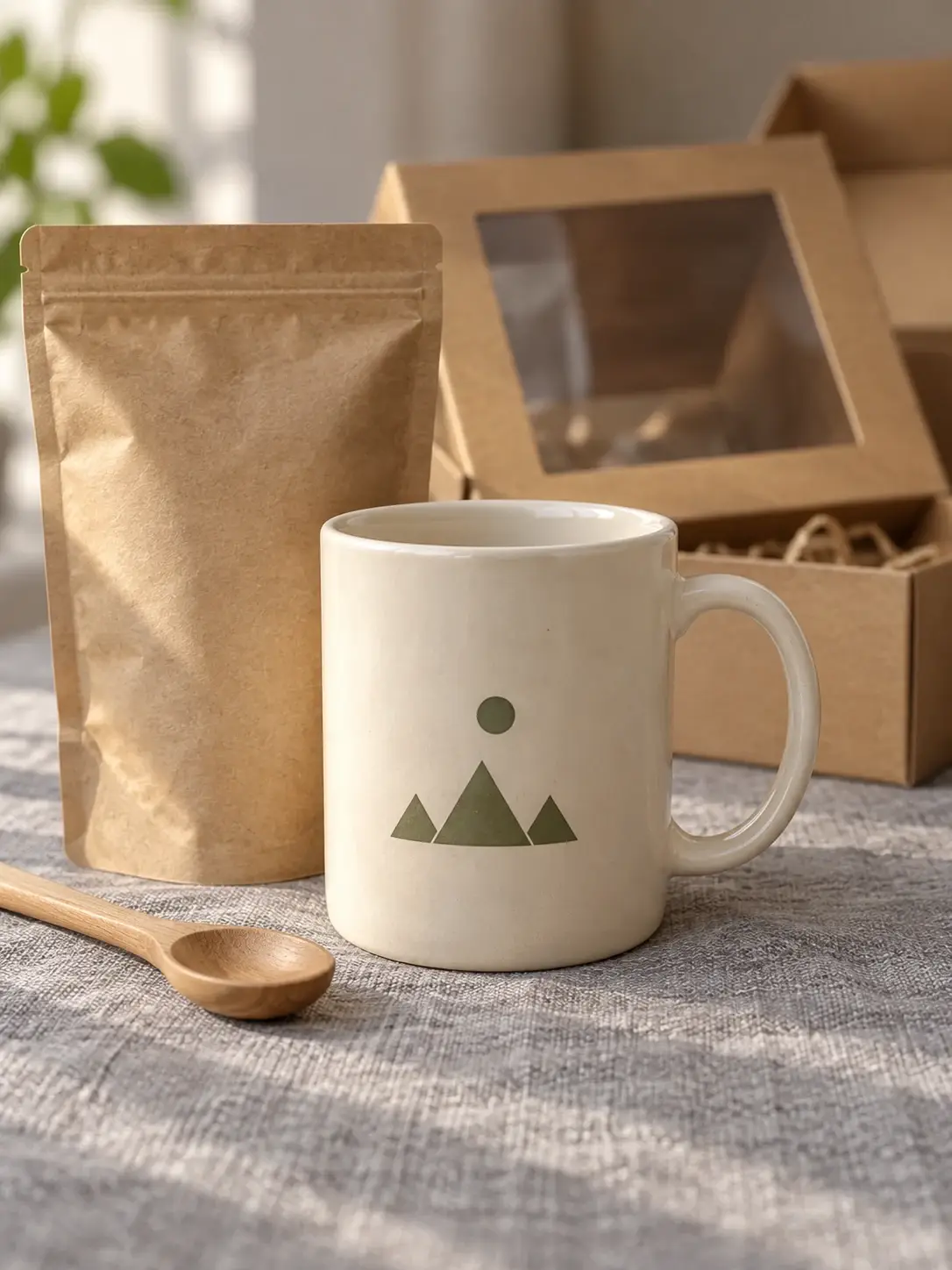 Kubek ceramiczny z zielonym nadrukiem logo, torebka doypack z papieru kraft i drewniana łyżeczka, w tle pudełko kraft z okienkiem